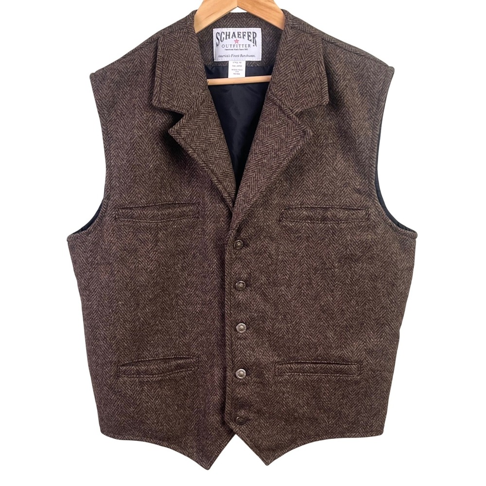 VTG Schaefer 707 Outfitter Brown Herringbone Tweed Wool Blend Vest Large USA